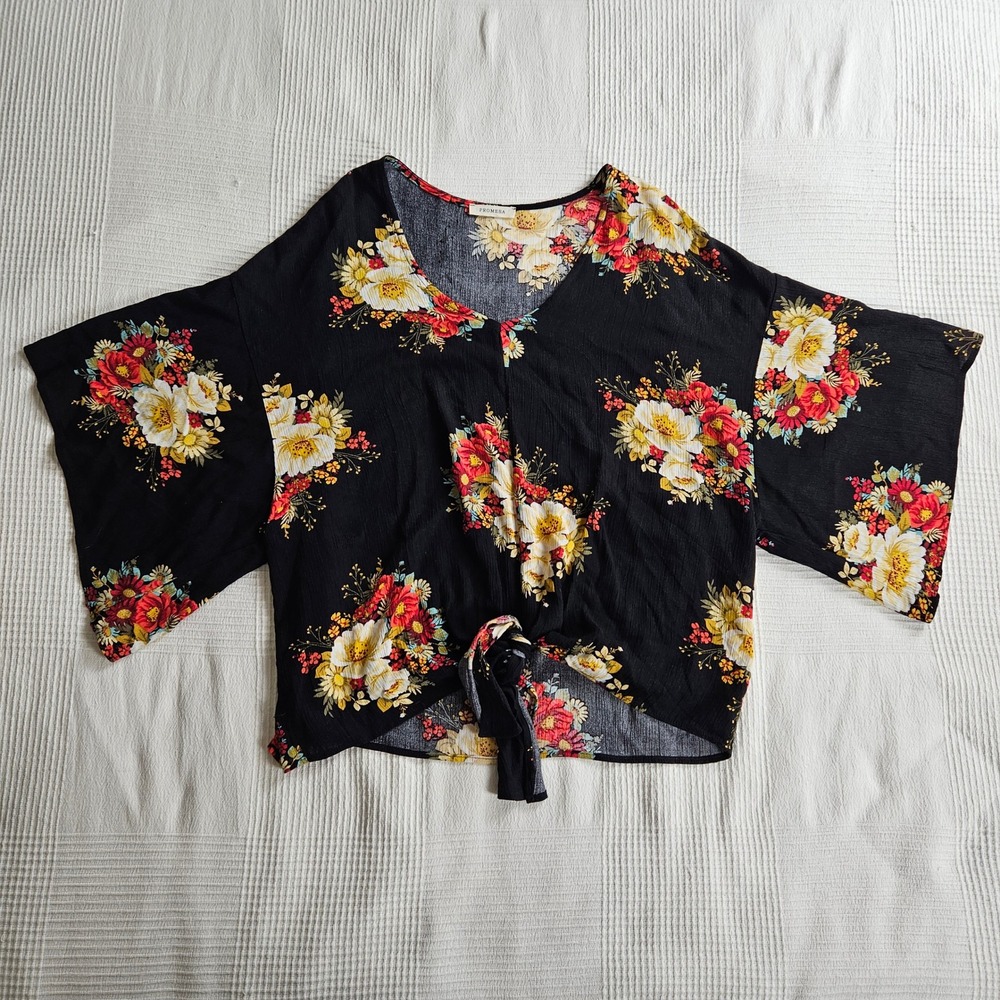 Promesa Floral Tie Front Top Whimsigoth Festival Boho Kimono Sleeve Women M